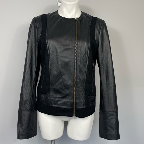 JOIE Morina Lambskin Leather Jacket Black Caviar Sz L Large Wool Moto Biker New - Picture 7 of 16
